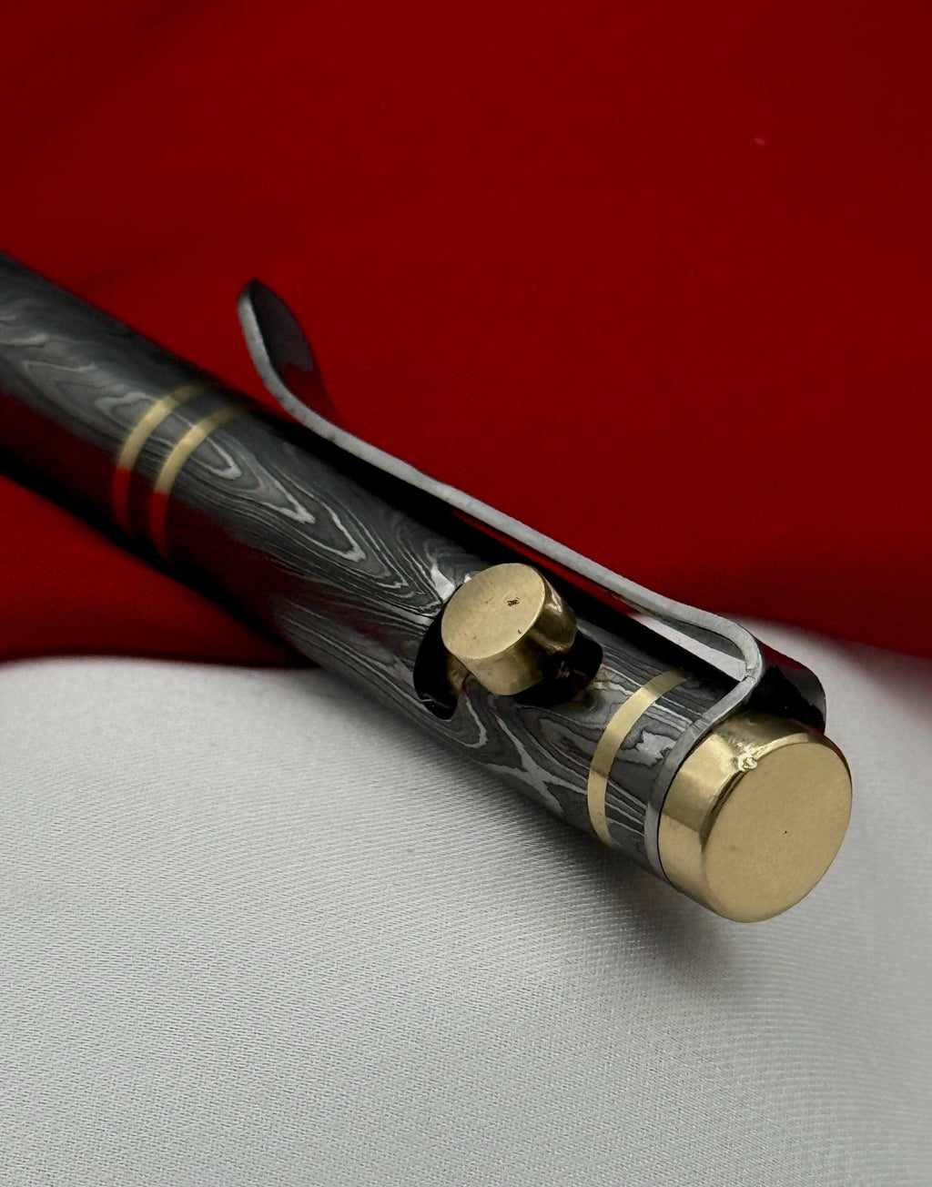 Damascus Steel Bolt Action Pen — Polished Barrel, Brass Tip