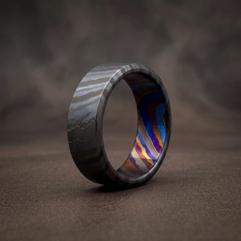 Zircoti Wedding Band — Black Chamfered Mokuti Ring
