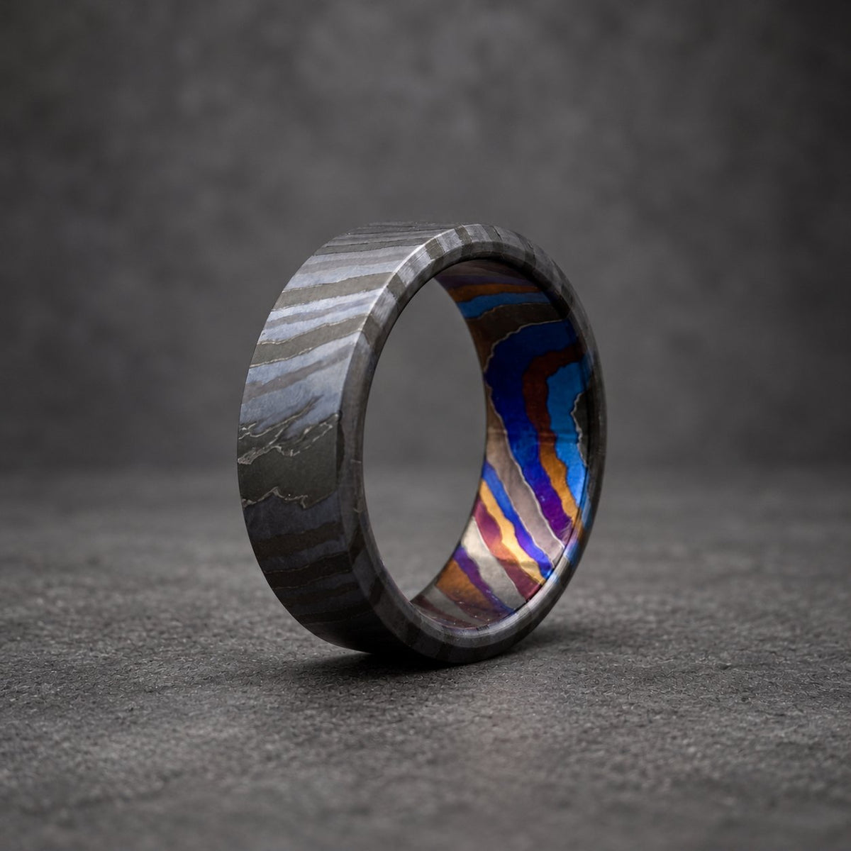 Zircoti Wedding Band — Black Chamfered Mokuti Ring, view 2
