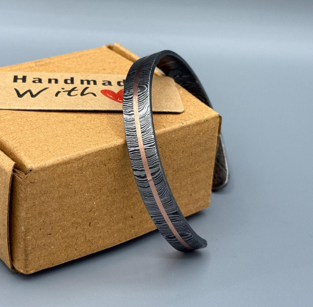 Damascus Steel Cuff Bracelet with Copper Inlay — Viking Bangle