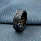 Damascus Steel Wedding Band, 8 mm — Wine Barrel Wood Inlay