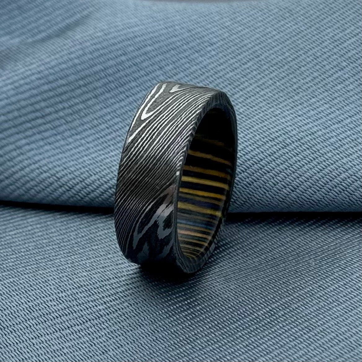 Damascus Steel Wedding Band, 8 mm — Wine Barrel Wood Inlay