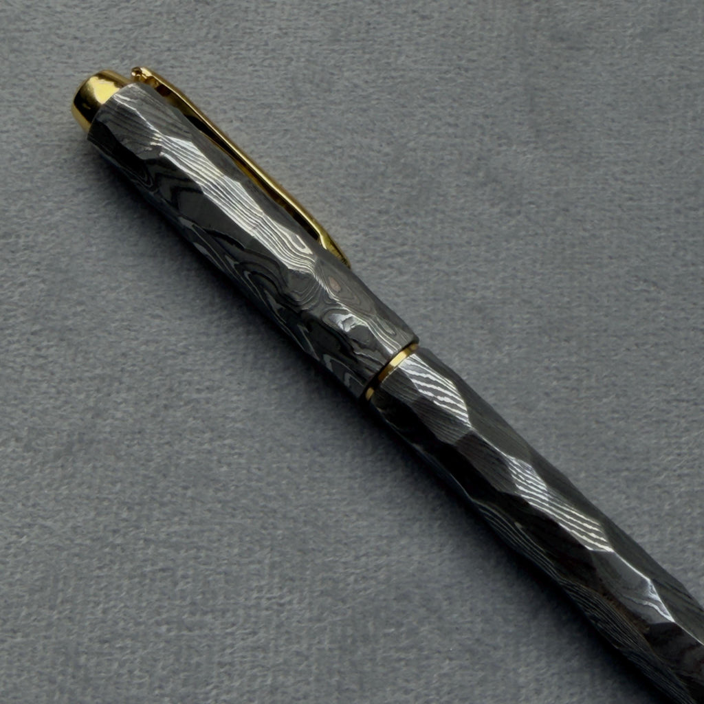 Damascus steel faceted fountain pen, full length front view, gift for him