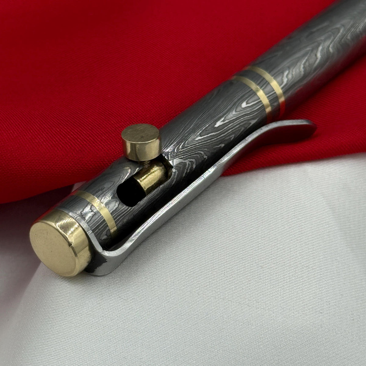 Damascus Steel Bolt Action Pen — Polished Barrel, Brass Tip
