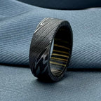 Damascus Steel Wedding Band, 8 mm — Wine Barrel Wood Inlay