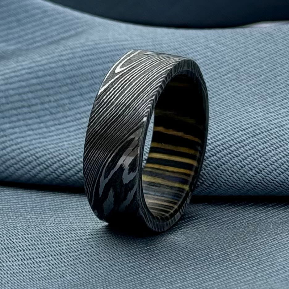 Damascus Steel Wedding Band, 8 mm — Wine Barrel Wood Inlay