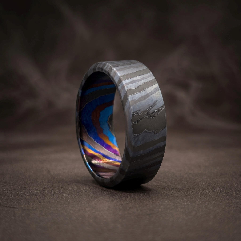 Zircoti Wedding Band — Black Chamfered Mokuti Ring