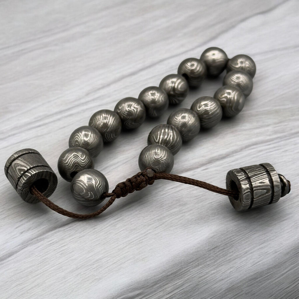 Damascus Steel Beaded Bracelet — Adjustable Norse Cuff, 16 Beads