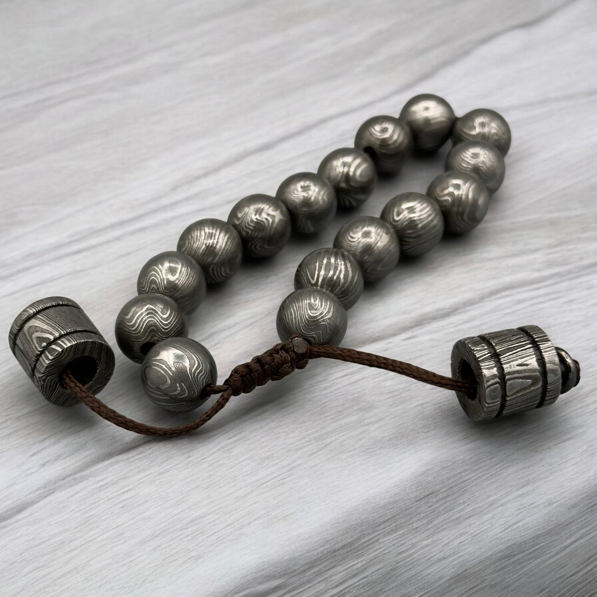 Damascus Steel Beaded Bracelet — Adjustable Norse Cuff, 16 Beads