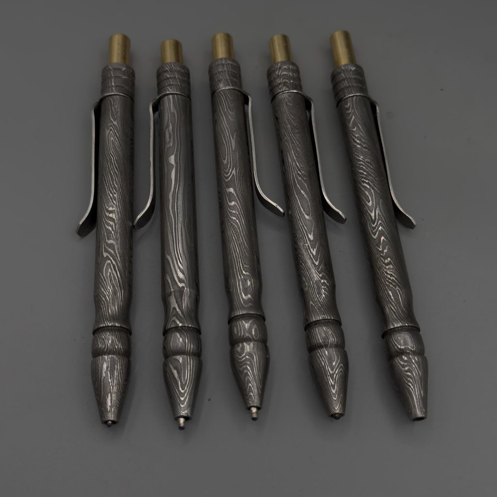 Damascus Steel Ballpoint Pen, Grooved — Brass Tipped