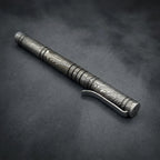 Damascus Steel Ballpoint Pen with Leather Holder — Grooved Grip