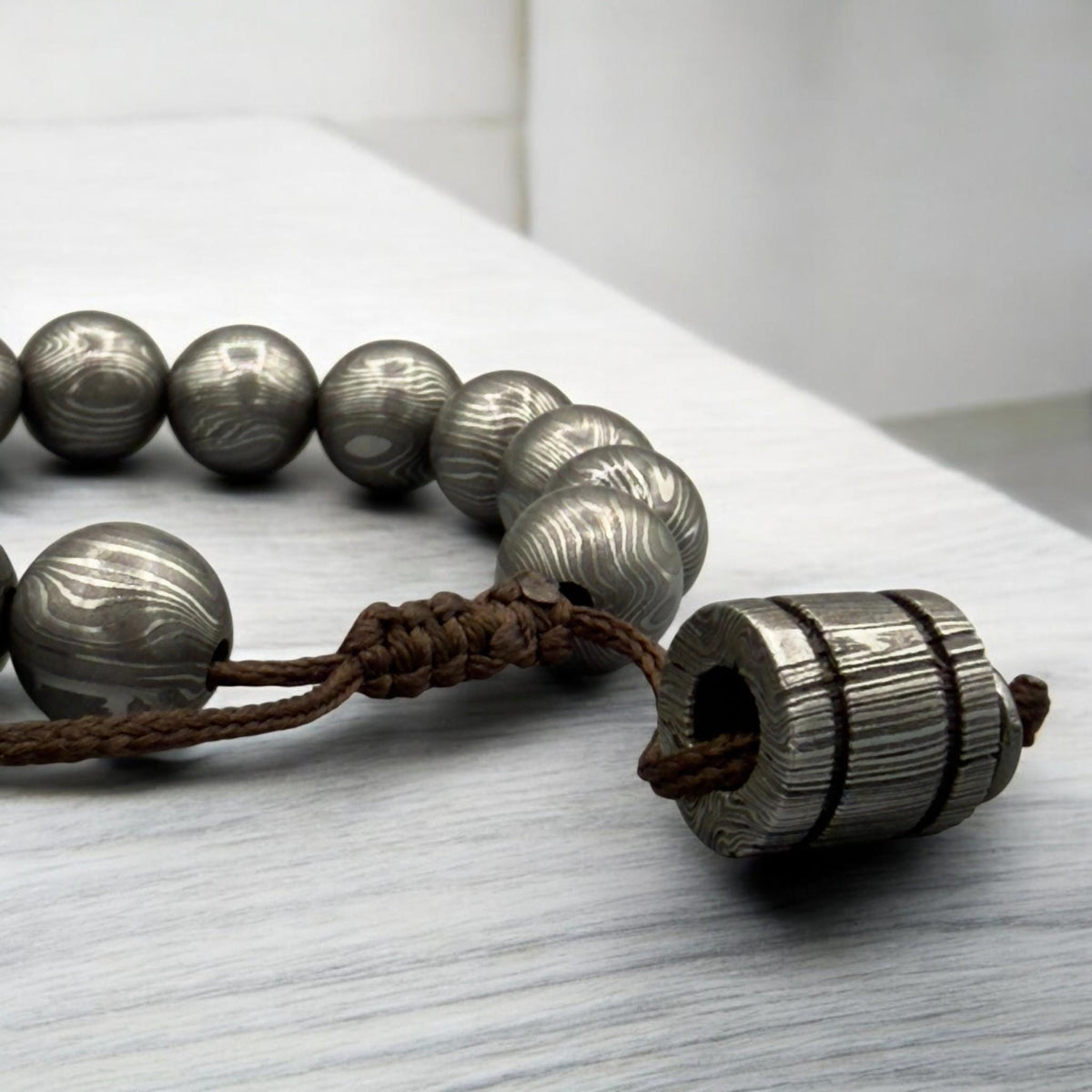 Damascus Steel Beaded Bracelet — Adjustable Norse Cuff, 16 Beads