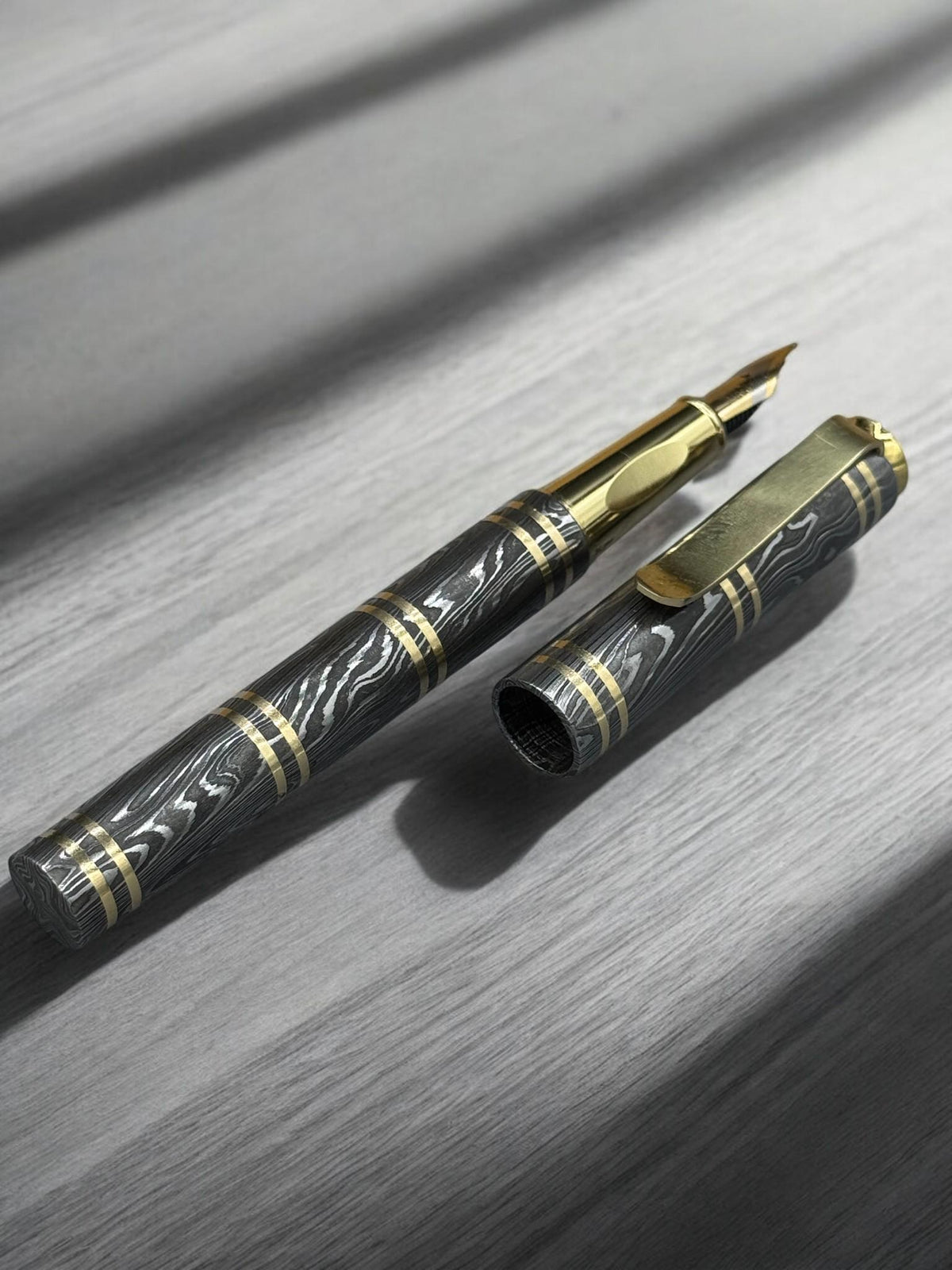 Damascus Steel Fountain Pen with Copper Clip
