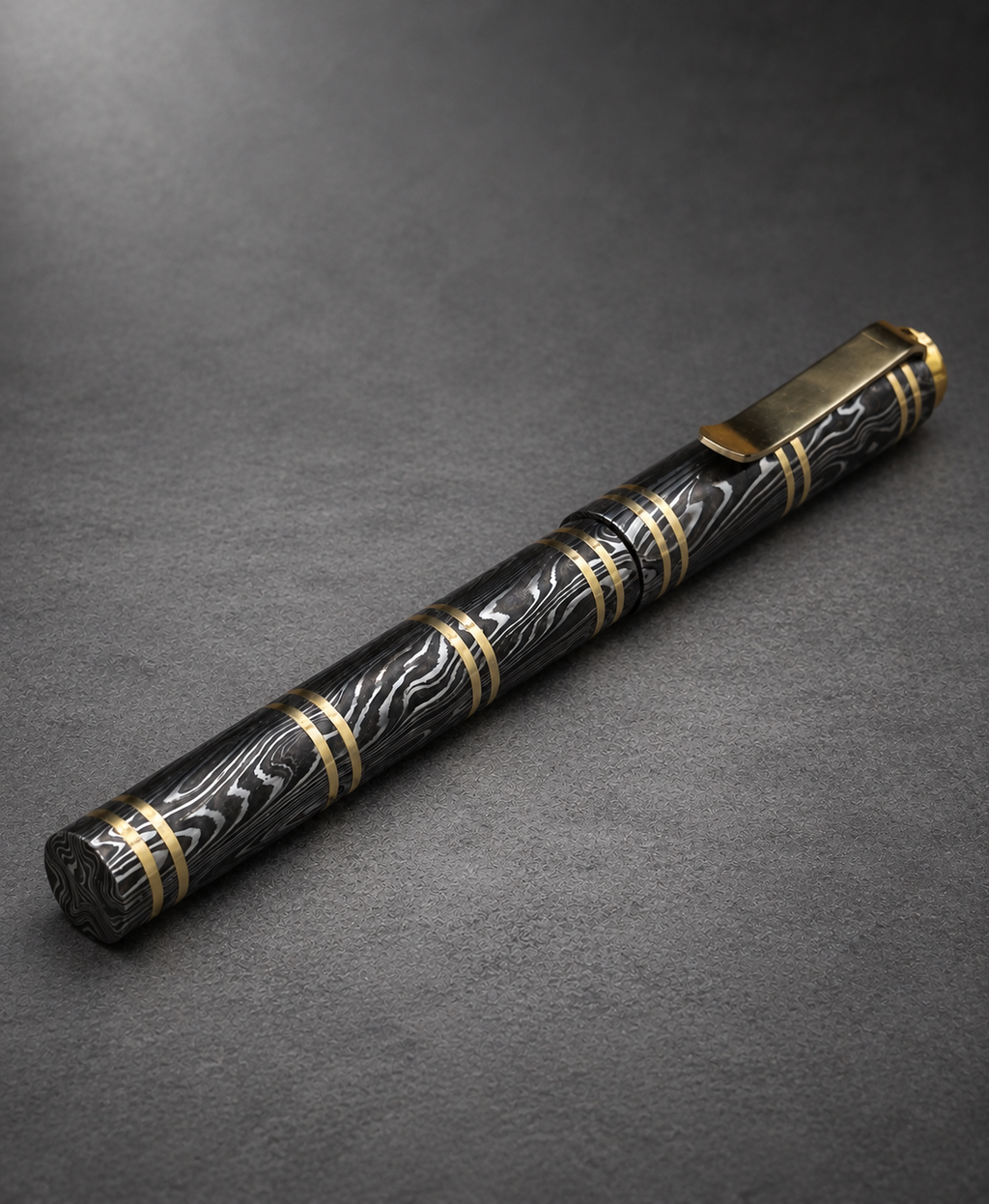 Damascus Steel Fountain Pen with Copper Clip