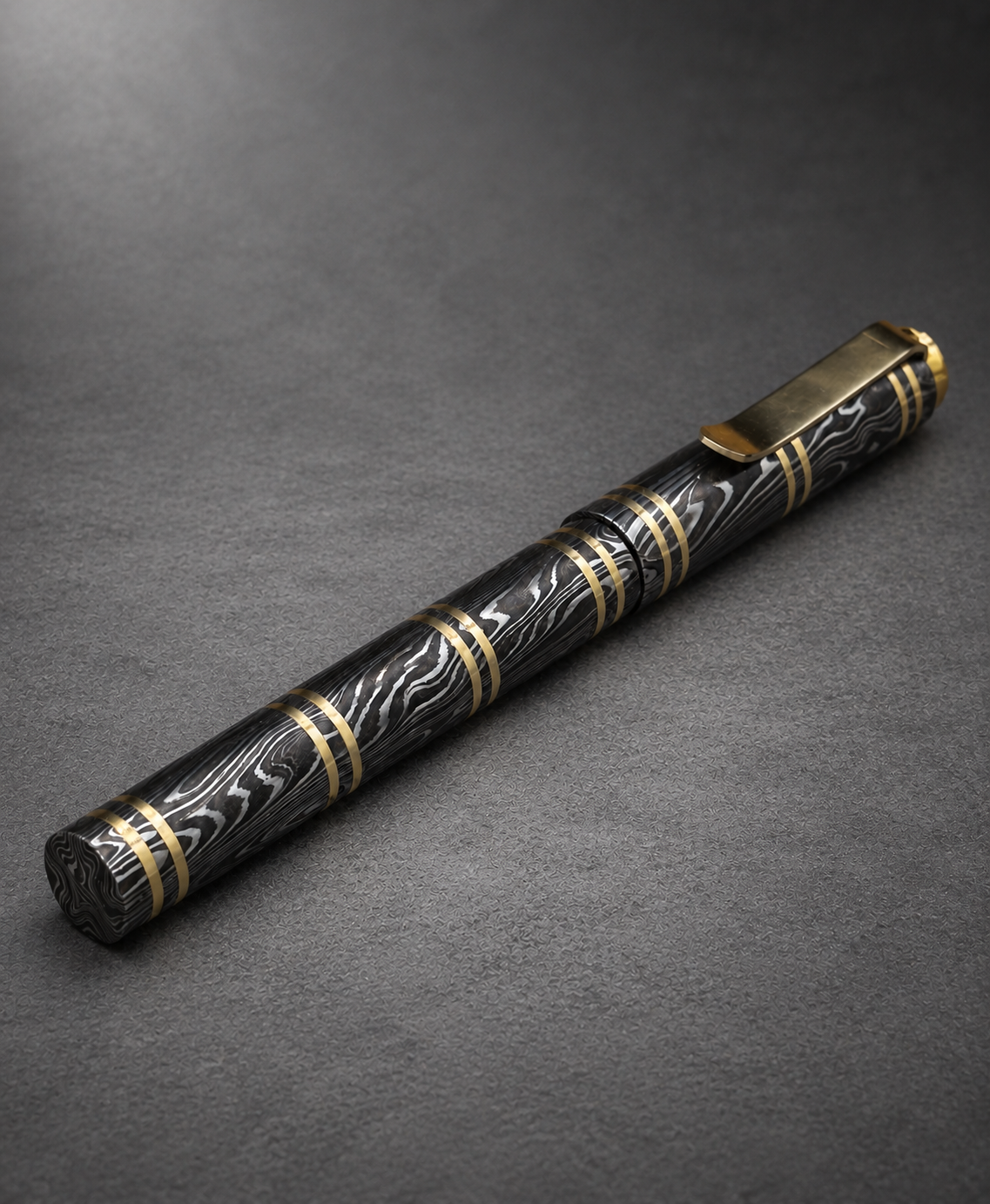 Damascus Steel Fountain Pen with Copper Clip