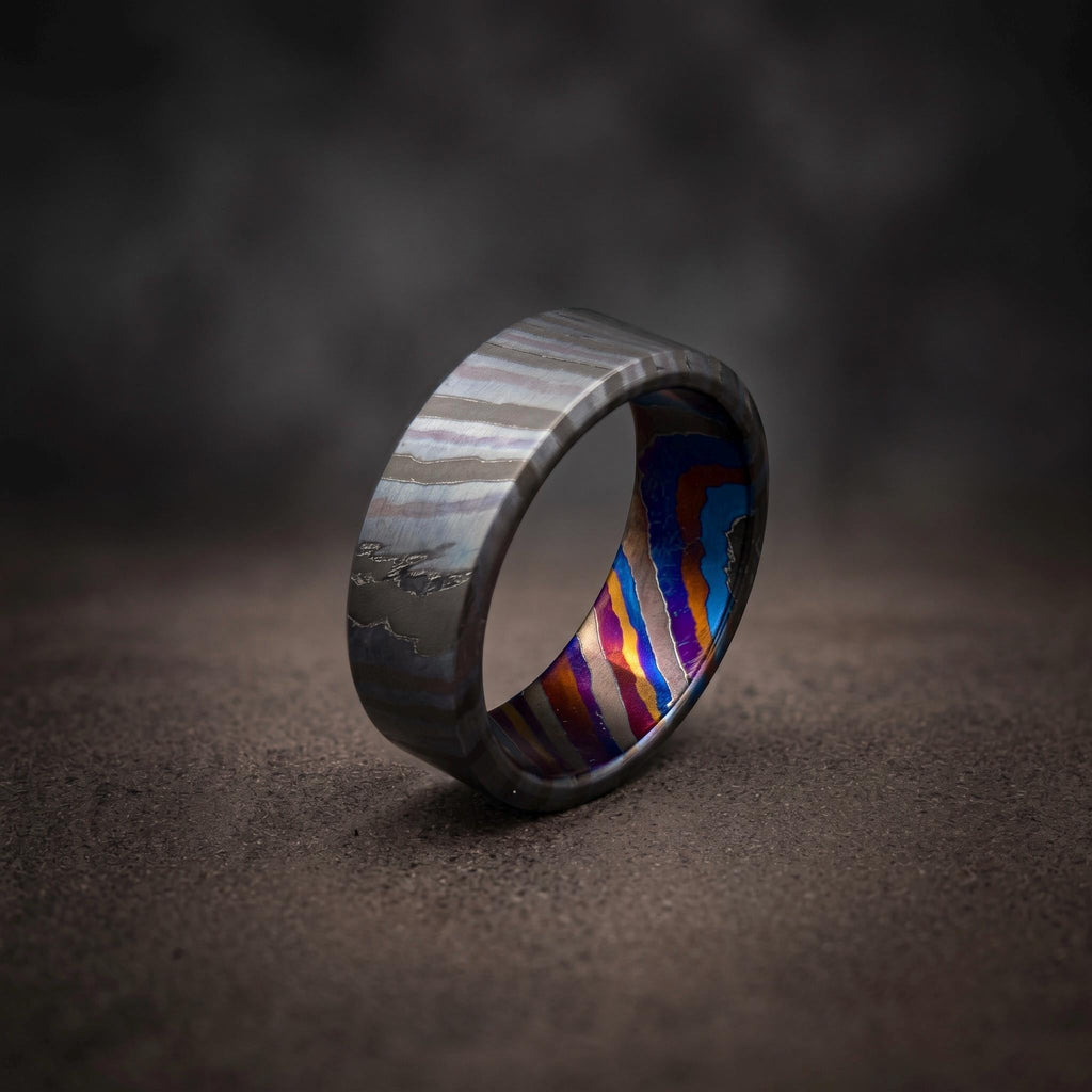 Zircoti Wedding Band — Black Chamfered Mokuti Ring