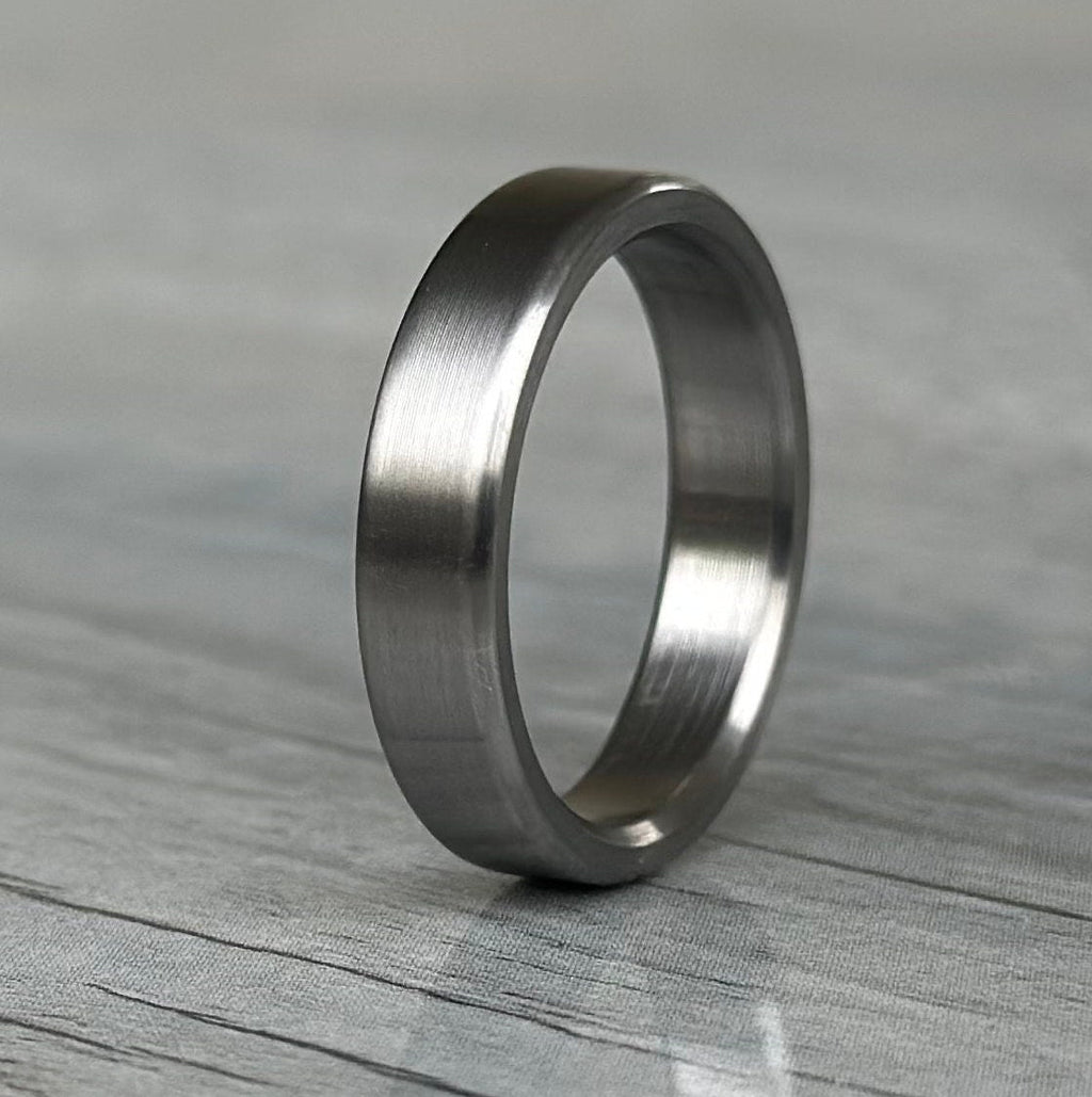 Brushed titanium wedding band, minimalist industrial engagement ring