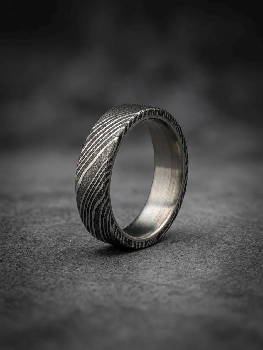 Damascus Steel Wedding Band — Titanium Inner Sleeve, view 3