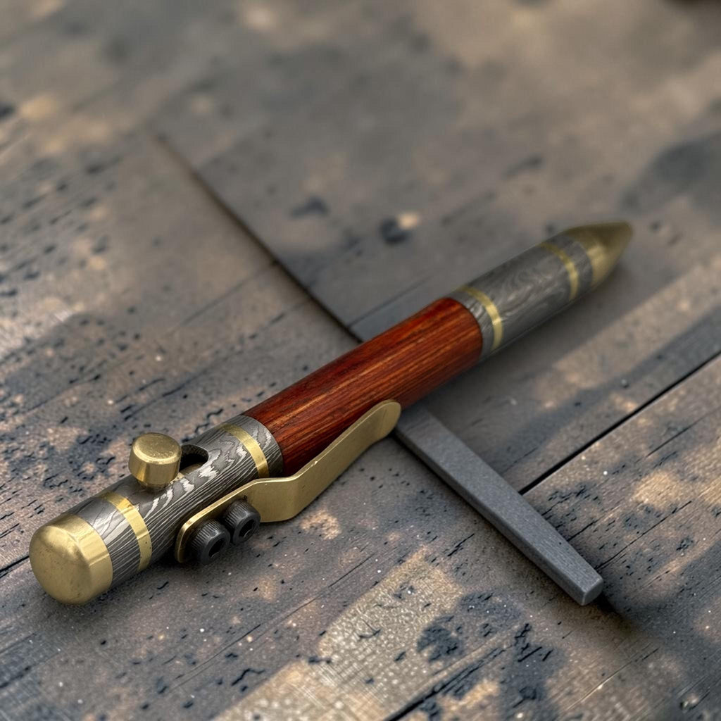 Close-up of solid copper clip on Damascus steel pen barrel