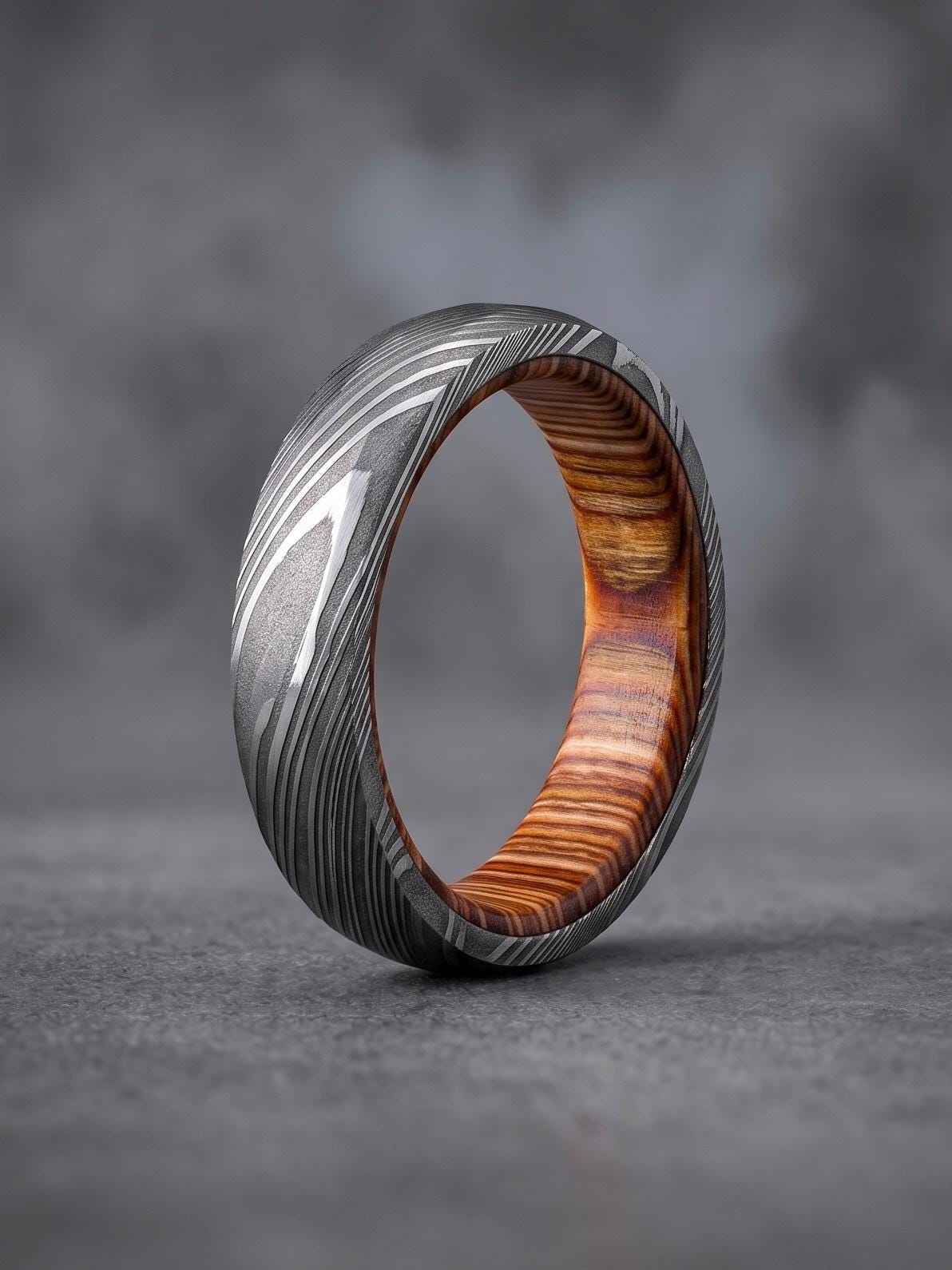 Damascus Steel Wedding Band — Whiskey Barrel Wood Inlay