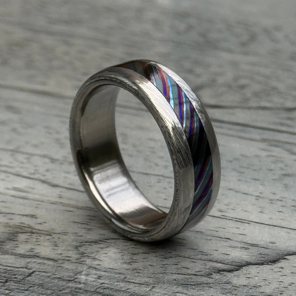Damasteel and Timascus Wedding Band — Titanium Inlay