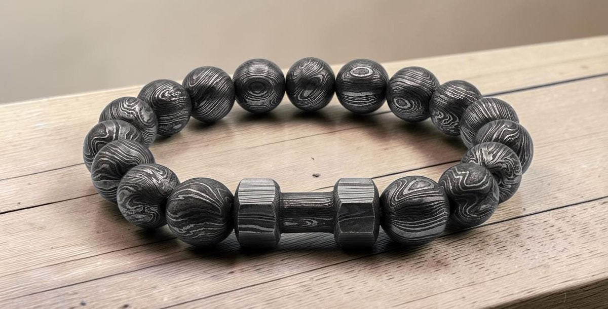 Damascus Steel Beaded Bracelet, Dumbbell Style, 12 mm Beads