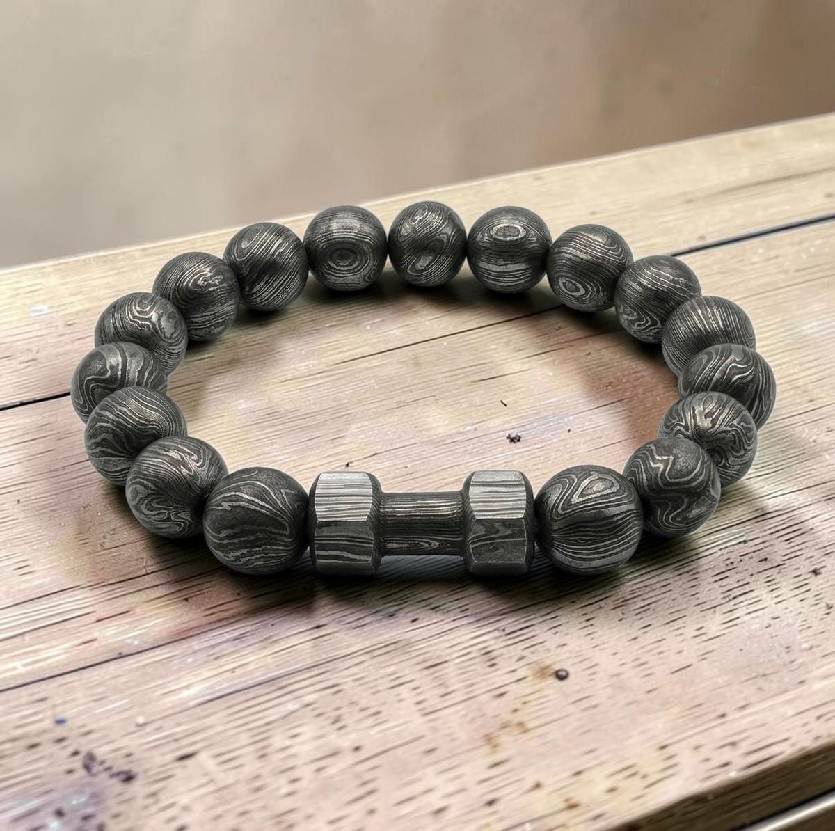 Damascus Steel Beaded Bracelet, Dumbbell Style, 12 mm Beads