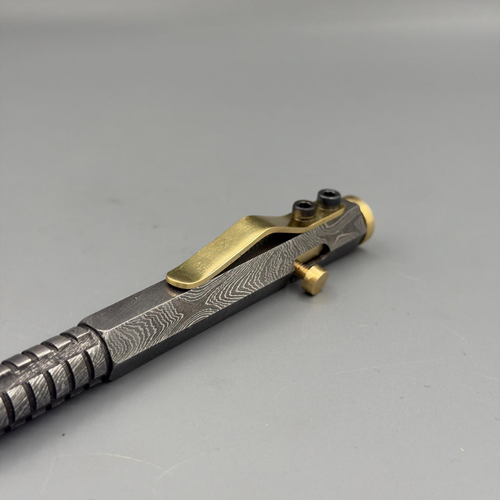 Damascus Steel Hexagonal Bolt Action Pen — Knurled Grip