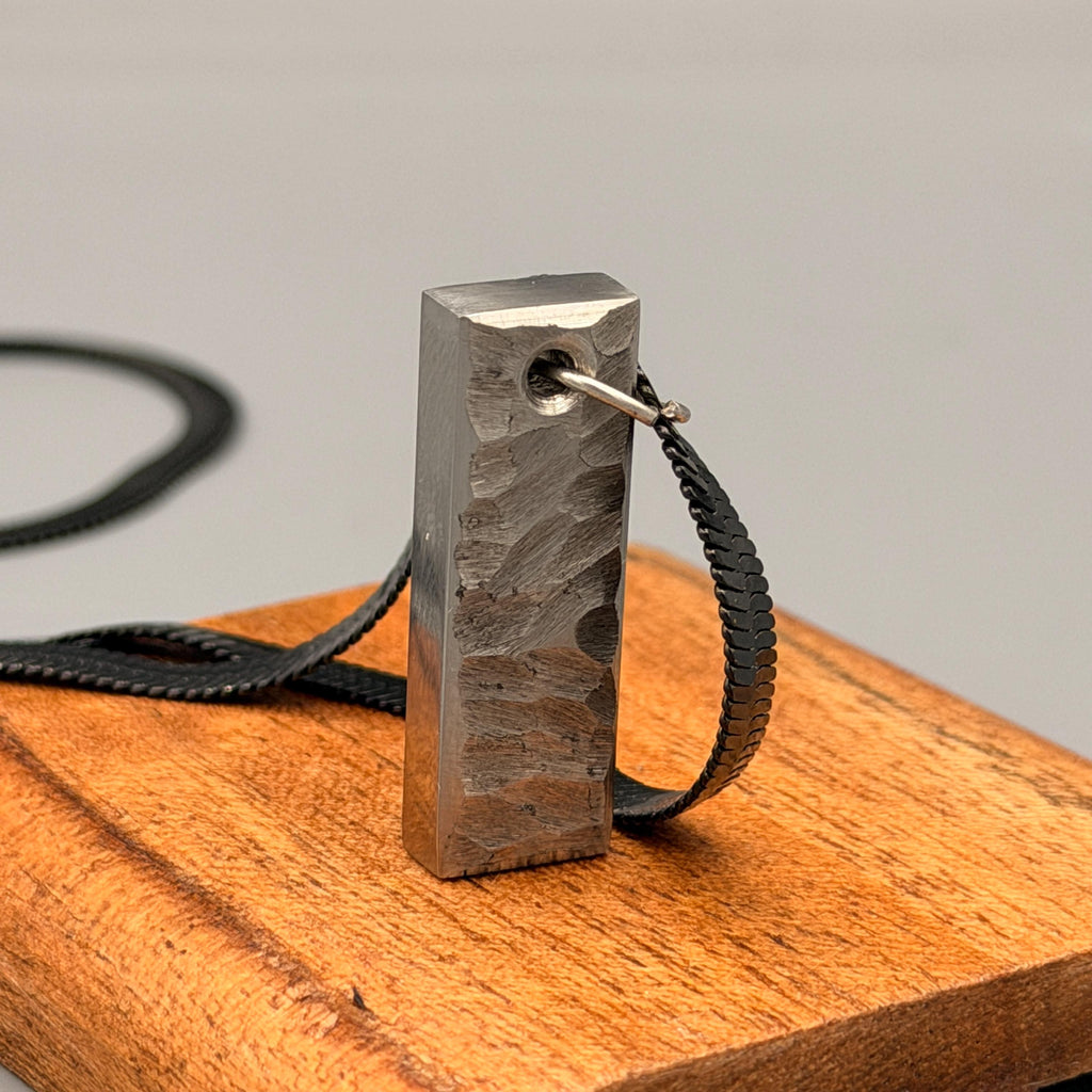 Grade 5 Titanium Bar Pendant with Silver Chain — Hammered Finish