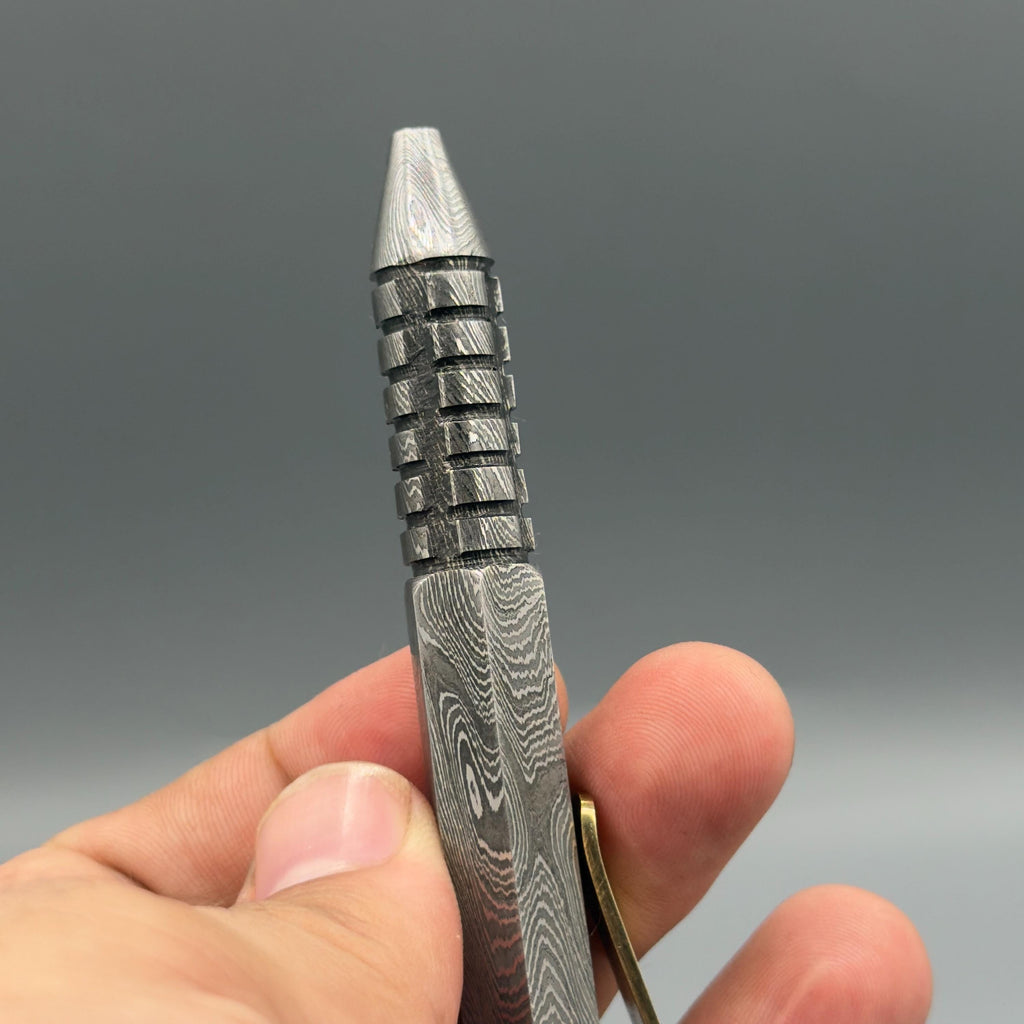 Damascus Steel Hexagonal Bolt Action Pen — Knurled Grip