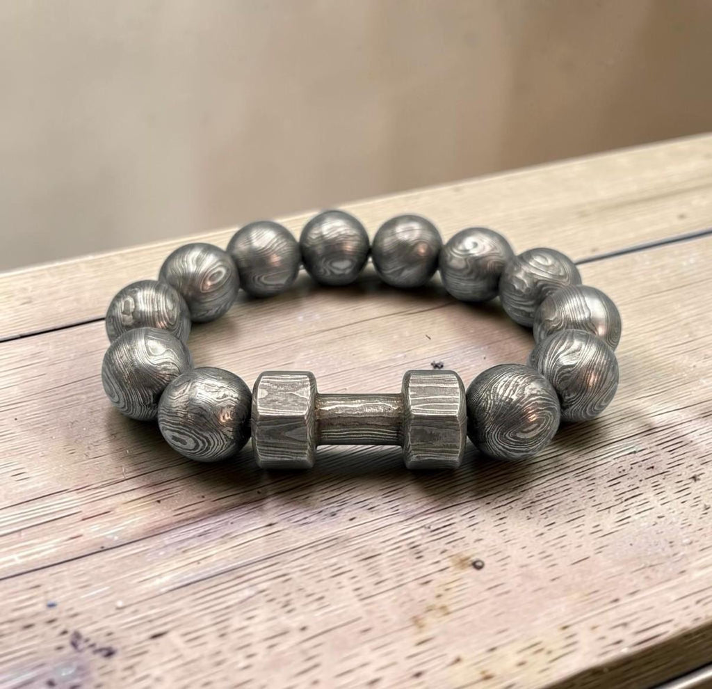 Damascus Steel Beaded Bracelet, Dumbbell Style, 12 mm Beads