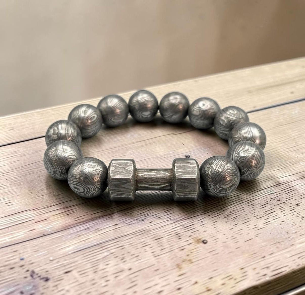 Damascus Steel Beaded Bracelet, Dumbbell Style, 12 mm Beads