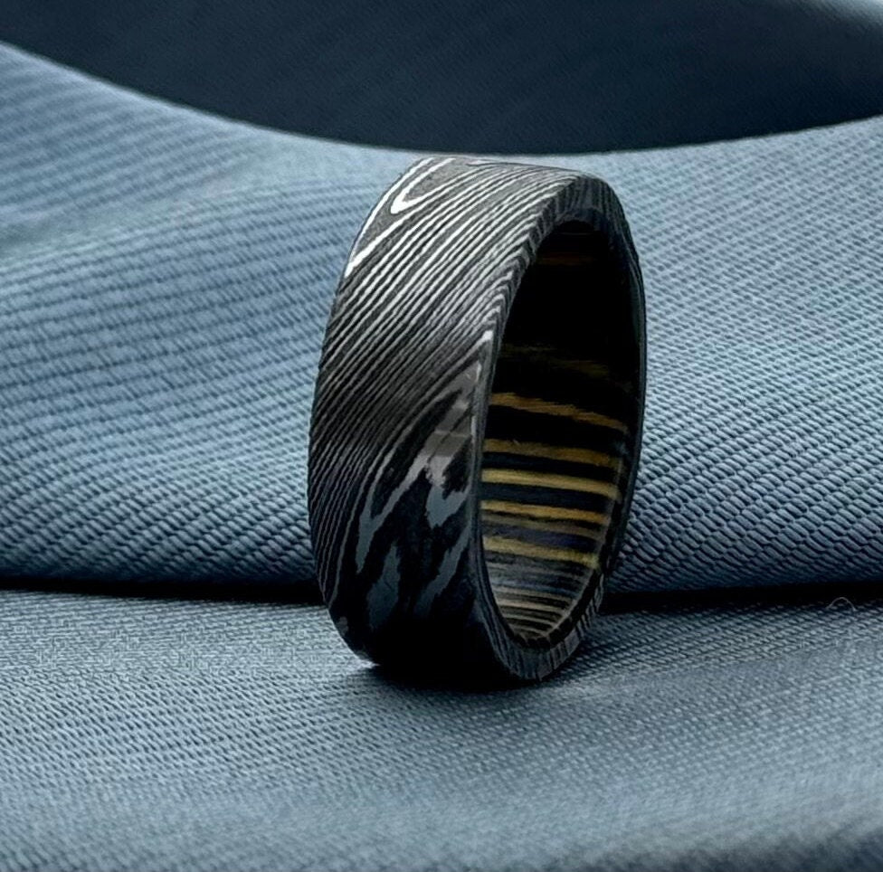 Damascus Steel Wedding Band, 8 mm — Wine Barrel Wood Inlay