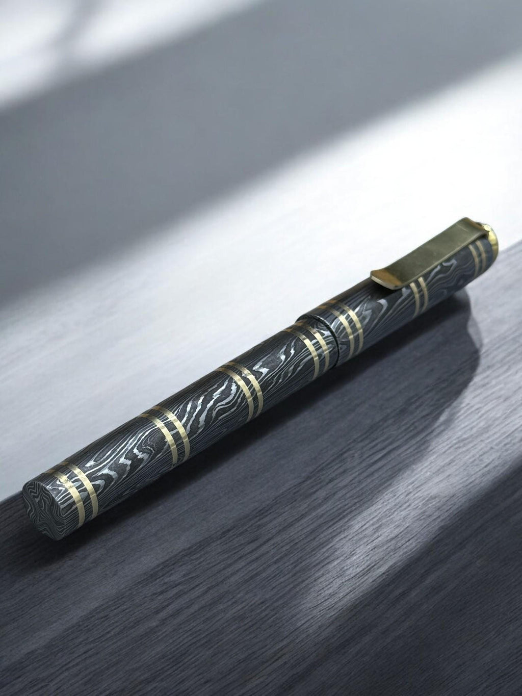 Damascus Steel Fountain Pen with Copper Clip