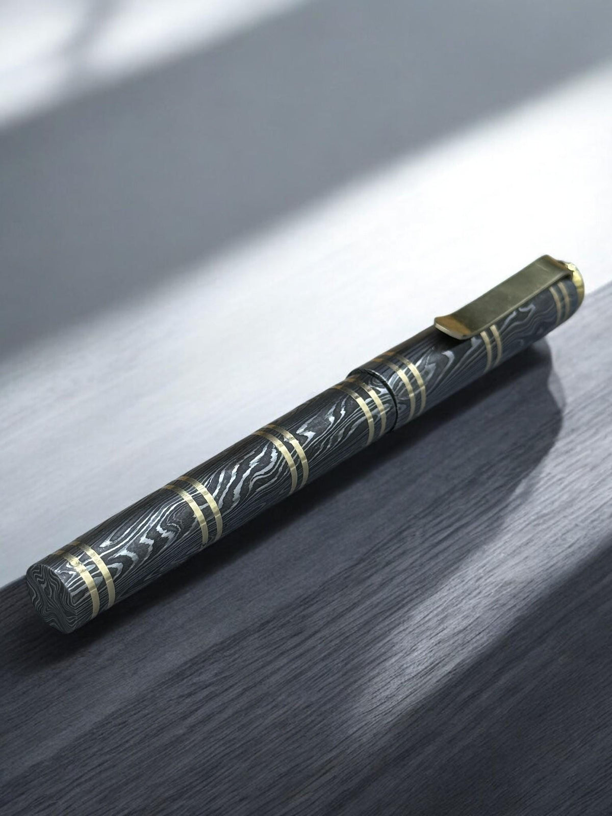 Damascus Steel Fountain Pen with Copper Clip