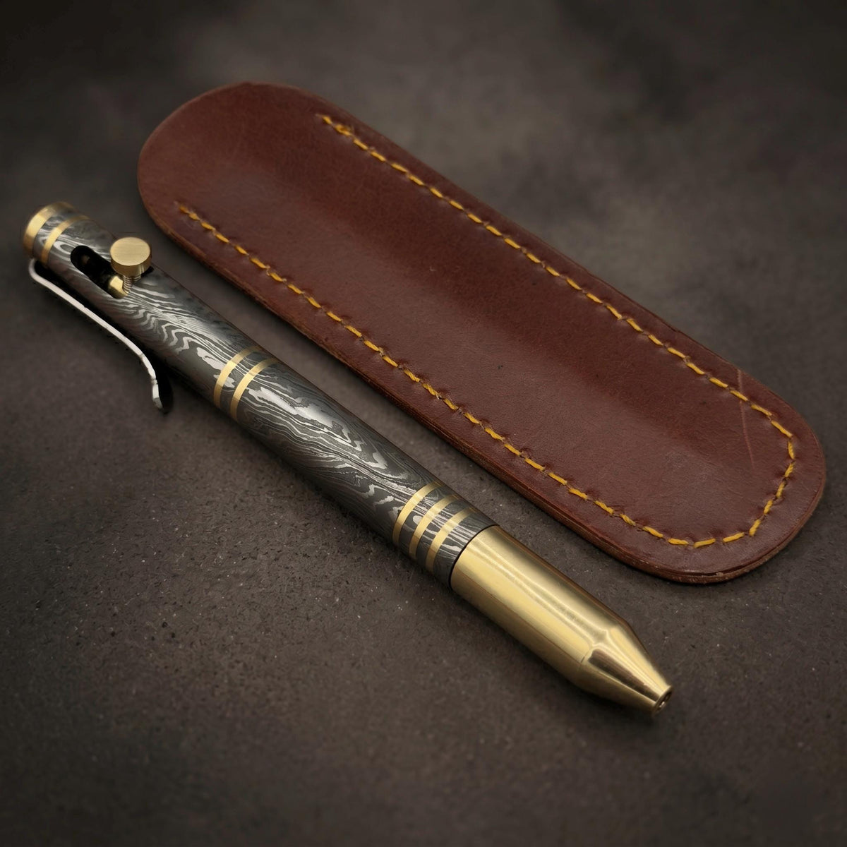Damascus Steel Bolt Action Pen with Forged Desk Holder