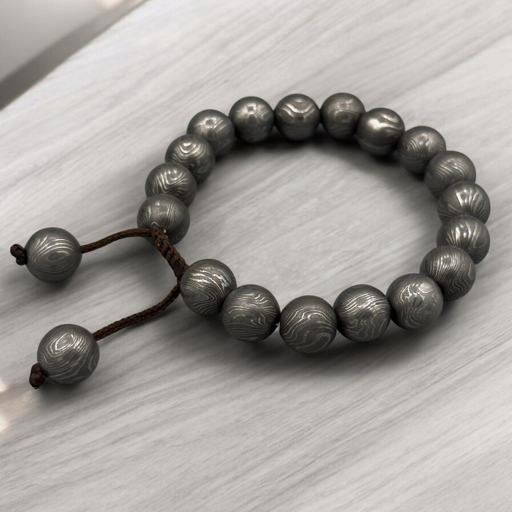 Damascus Steel Beaded Bracelet, Adjustable Viking Cuff, 12 mm Beads