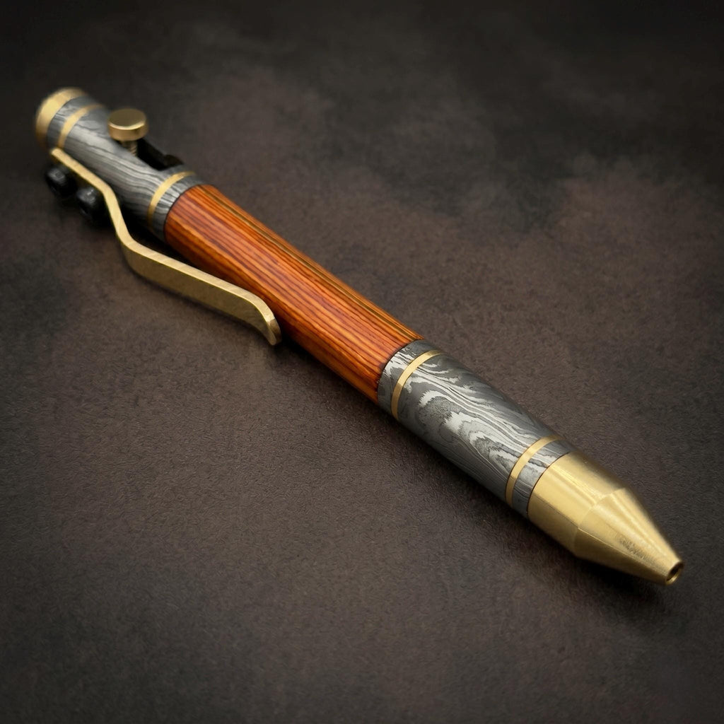 Damascus Steel Whiskey Barrel Pen with Leather Case — Click Action