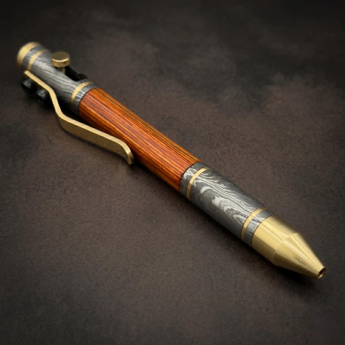 Damascus Steel Whiskey Barrel Pen with Leather Case — Click Action