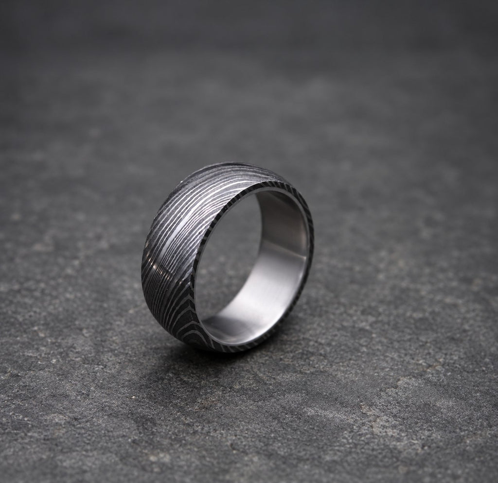 Damascus Steel Wedding Band with Titanium Inlay, view 3