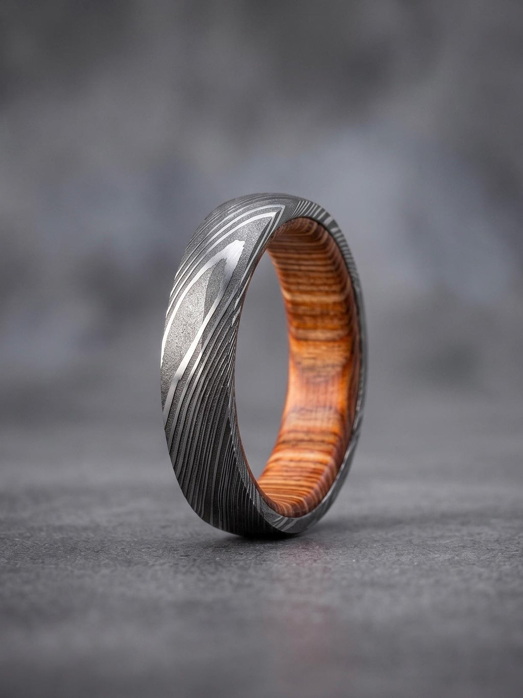 Damascus Steel Wedding Band — Whiskey Barrel Wood Inlay