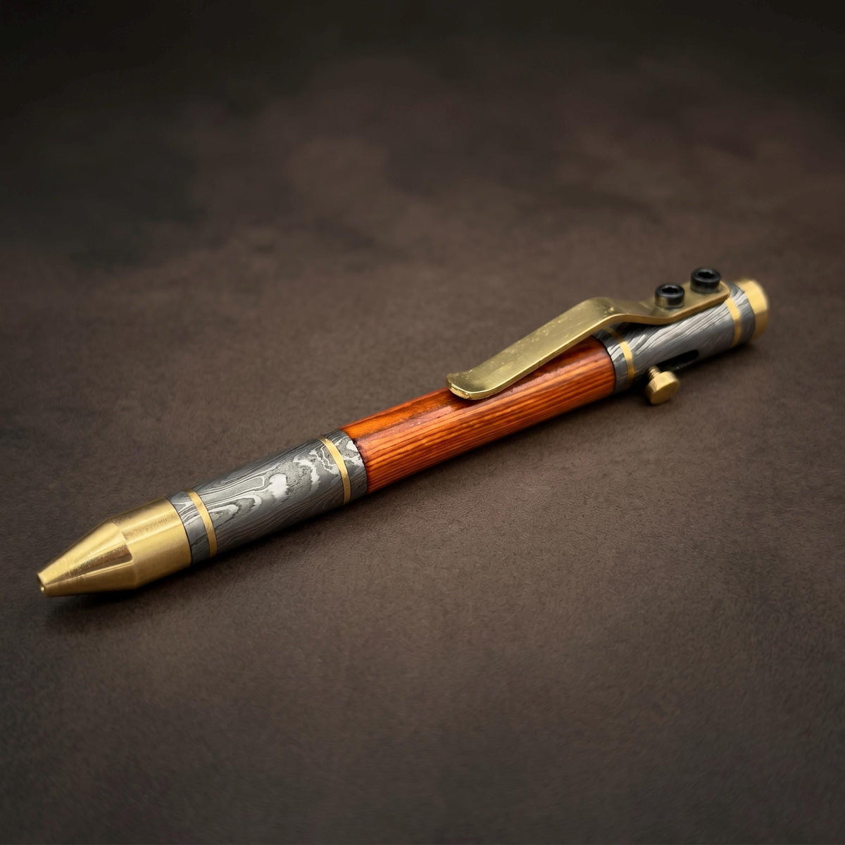 Damascus Steel Whiskey Barrel Pen with Leather Case — Click Action
