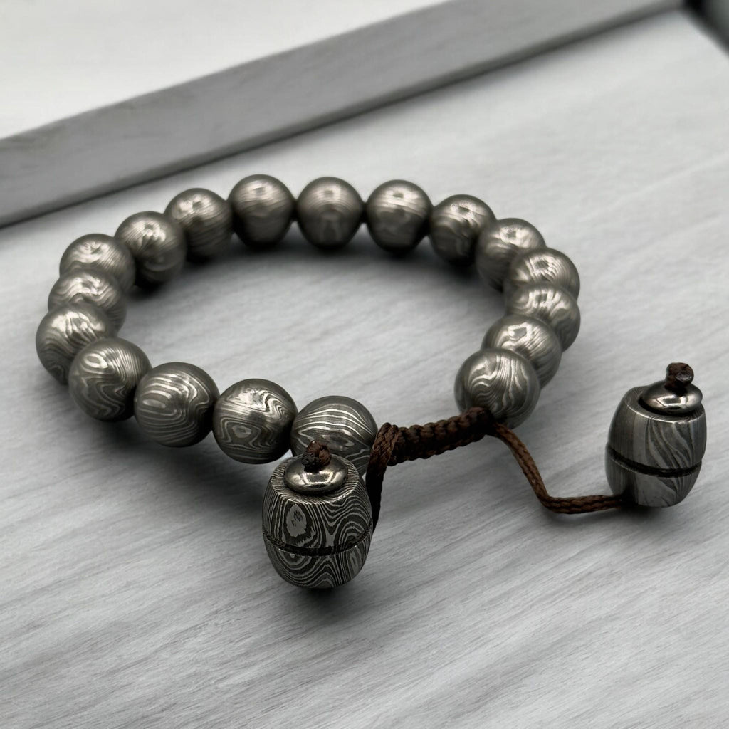 Damascus Steel Beaded Bracelet — Adjustable Viking Cuff, 18 Beads