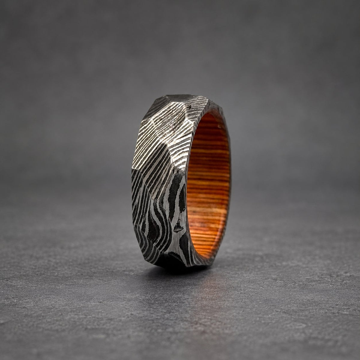 Damascus Steel Wedding Band — Hammered Whiskey Barrel Wood Sleeve, view 4