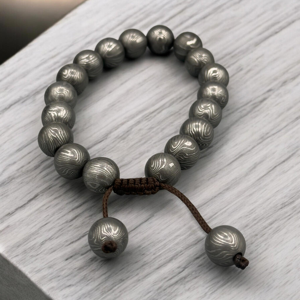 Damascus Steel Beaded Bracelet, Adjustable Viking Cuff, 12 mm Beads