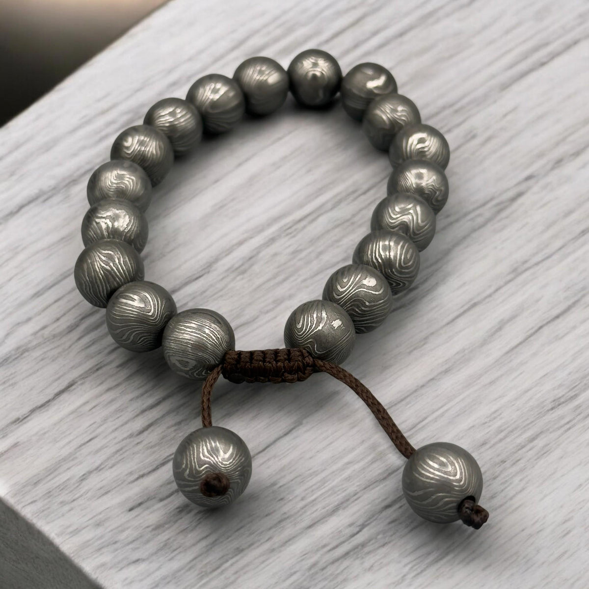 Damascus Steel Beaded Bracelet, Adjustable Viking Cuff, 12 mm Beads
