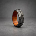 Damascus Steel Wedding Band — Hammered Whiskey Barrel Wood Sleeve, view 5