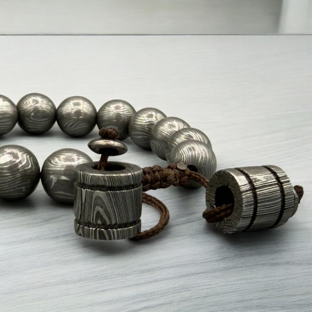 Damascus Steel Beaded Bracelet — Adjustable Norse Cuff, 16 Beads