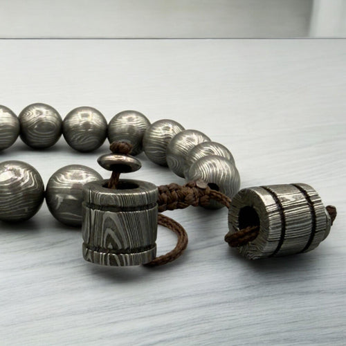 Damascus Steel Beaded Bracelet — Adjustable Norse Cuff, 16 Beads