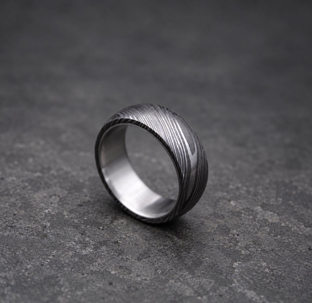 Damascus Steel Wedding Band with Titanium Inlay, view 7